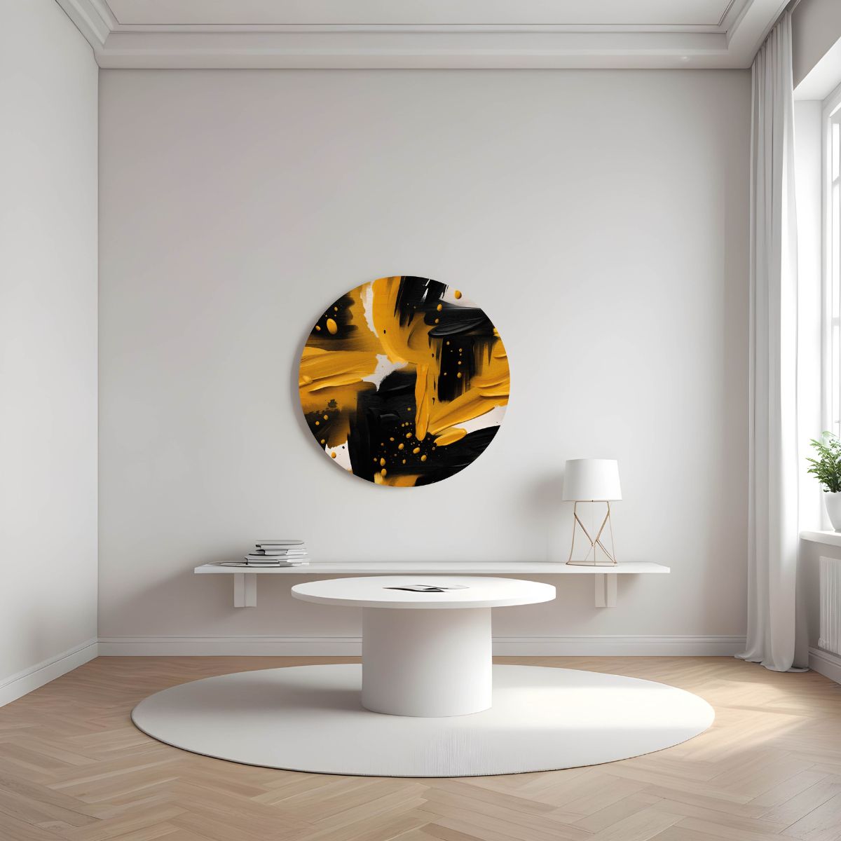 muurcirkel-abstract-zwart-met-geel-wachtruimte