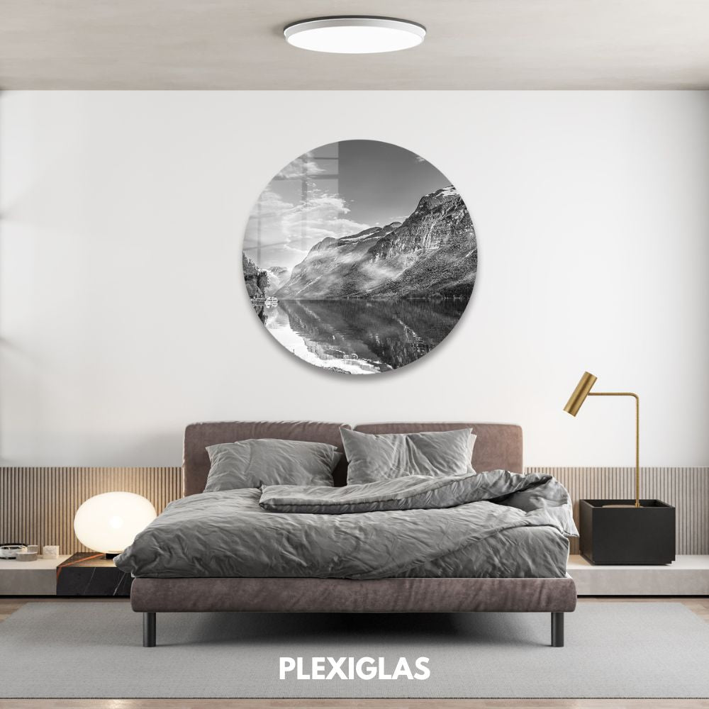 plexiglas-muurcirkel-zwart-wit-landschap-berg-slaapkamer